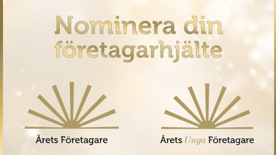 Beige och gyllene grafisk bild med texten ’Nominera din företagarhjälte’. Under texten finns två symboler som liknar solstrålar. Under den vänstra står ’Årets Företagare’ och under den högra ’Årets Unga Företagare’. Illustartion