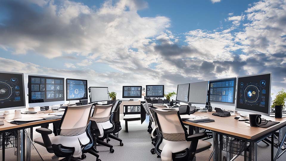 AI-bild, flertalet datorer på skrivbord mot en himmelsbakgrund.