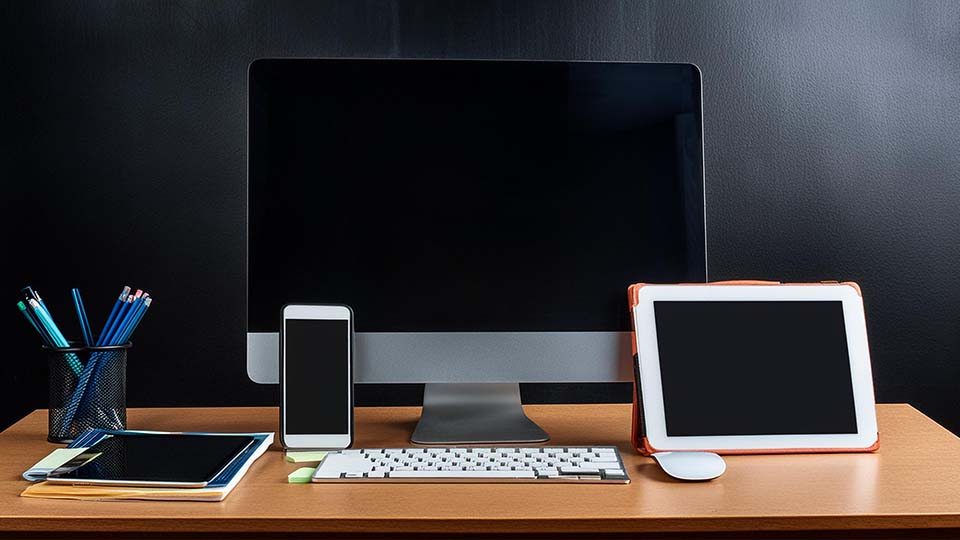 Skrivbord med dator, mobil, surfplatta och pennor.