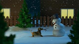 Tecknad hund hälsar på en snögubbe
