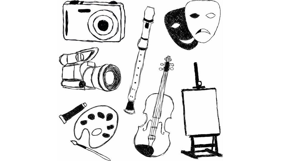 En handritad illustration som visar olika konst- och kulturuttryck: en kamera, en videokamera, en blockflöjt, två teatermasker (glad och ledsen), en fiol, en målarduk på staffli, en färgpalett med pensel och en tub med färg.