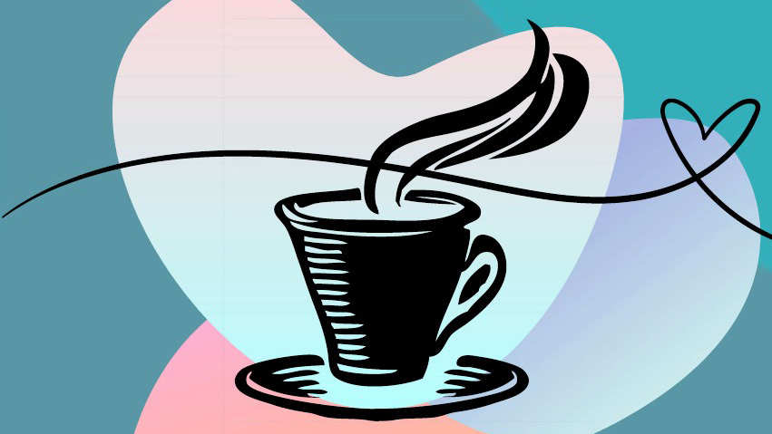 Illustration av en kaffekopp med ånga som stiger upp i en svepande linje som formar ett hjärta, mot en bakgrund av mjuka, färgglada former i blått, rosa och turkost. Illustration