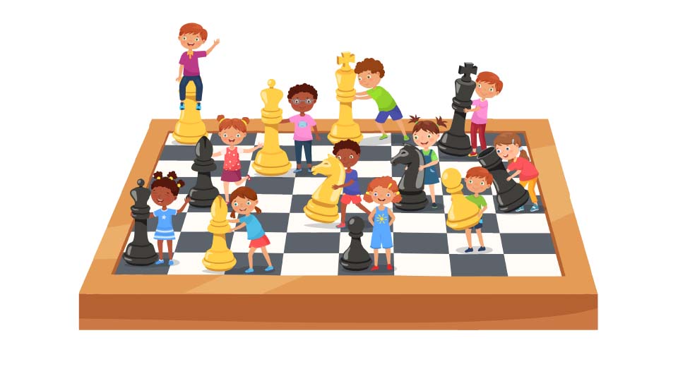 Barn som spelar schack med enorma schackpjäser
