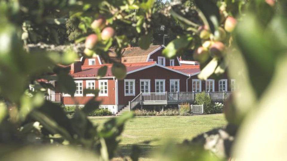 Röd stuga med vita knutar. Foto 
