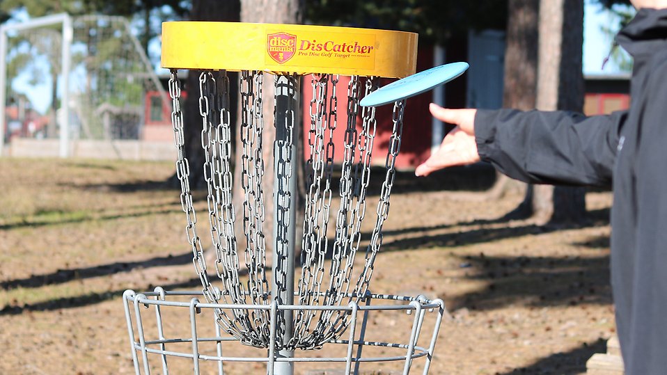 Person som kastar en disc i en park. 