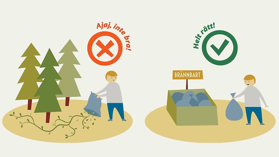 Illustration som visar skillnaden mellan fel och rätt sätt att hantera avfall. Till vänster: en person tömmer en sopsäck med växtmaterial i naturen bredvid några träd. En röd symbol med ett kryss och texten "Ajaj, inte bra!" visas ovanför. Till höger: samma person lämnar en sopsäck vid en container märkt "BRÄNNBART". En grön symbol med en bock och texten "Helt rätt!" visas ovanför.