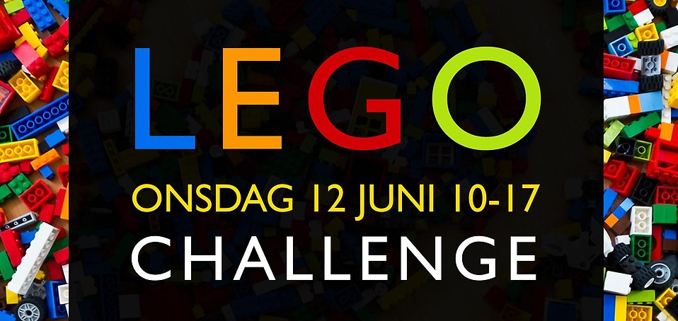 Affisch med inbjudan till Aneby biblioteks Lego-challenge den 12 juni klockan 10:00-17:00.