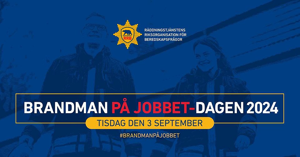 Blå bakgrund med två brandmän med texten brandman på jobbet dagen.