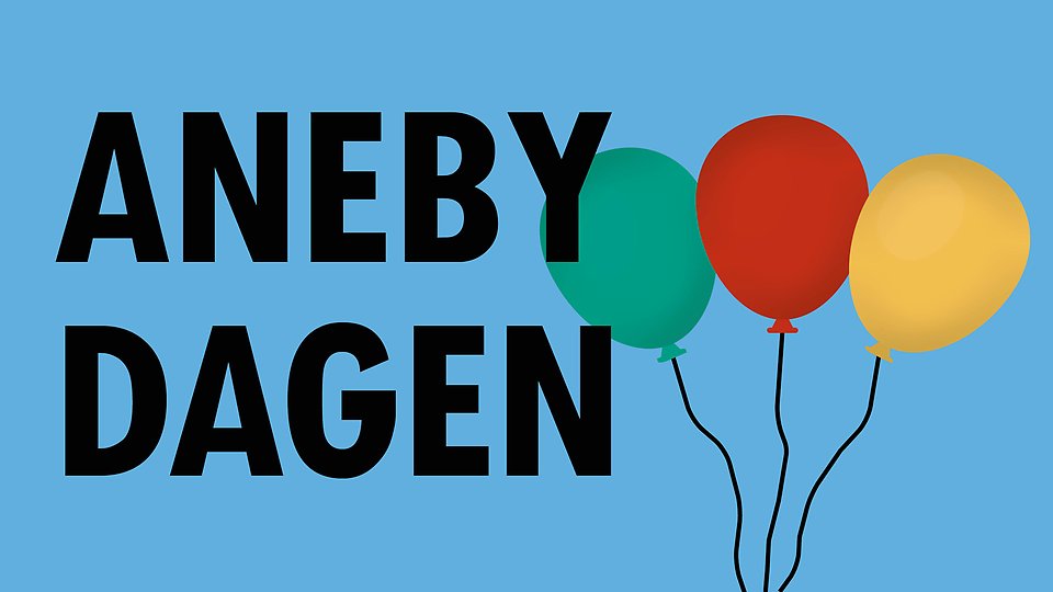 Blå bakgrund med tre illustrerade 3 ballonger. Tetxen "Anebydagen" står också. Illustration.