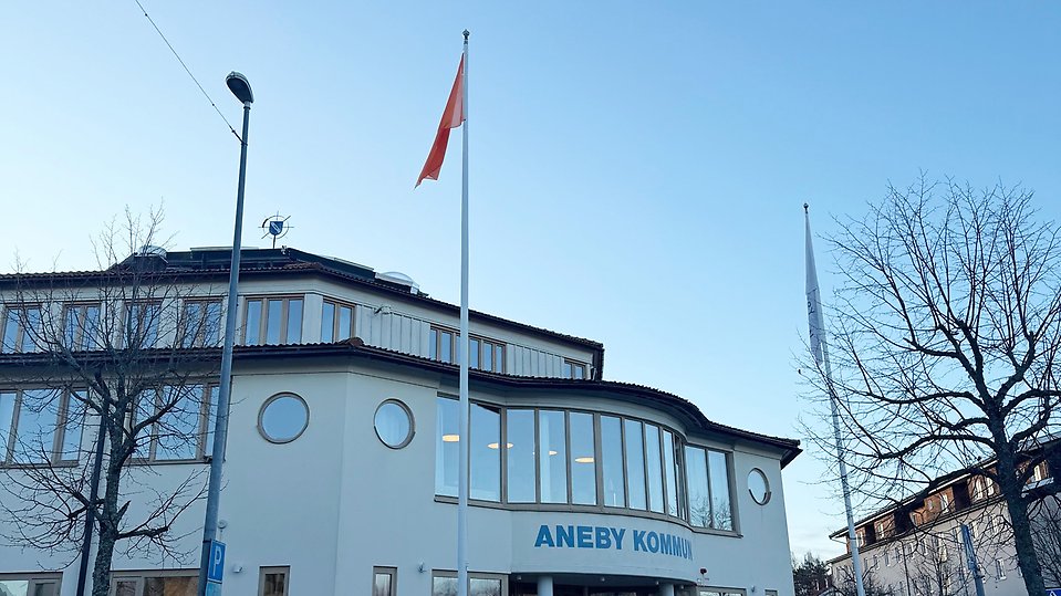 Orange flagga utanför Aneby kommunhus. Foto