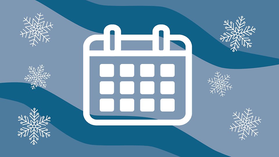 "Illustration av en vit kalenderikon mot en blå bakgrund med vågiga mönster och flera vita snöflingor runtomkring, vilket ger en vinter- eller julkänsla. Illustration