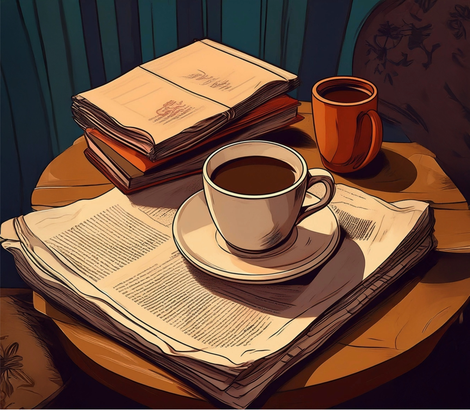 Bild föreställande hög av böcker på ett bord, med en tekopp och kaffekopp. AI-genererad illustration.